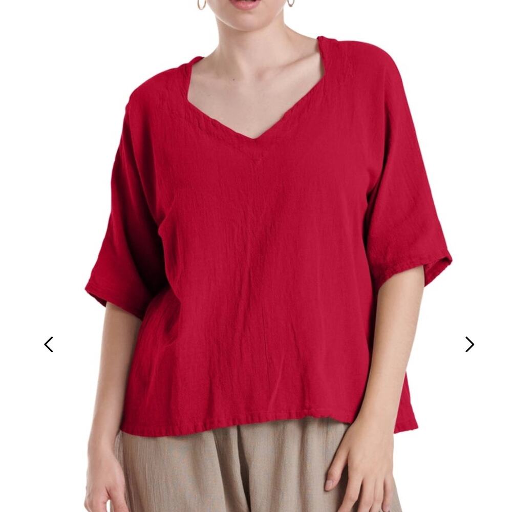 Oh My Gauze! Erin Cotton Gauze Blouse Sz 3 XXL Crimson Red Lagenlook Boho